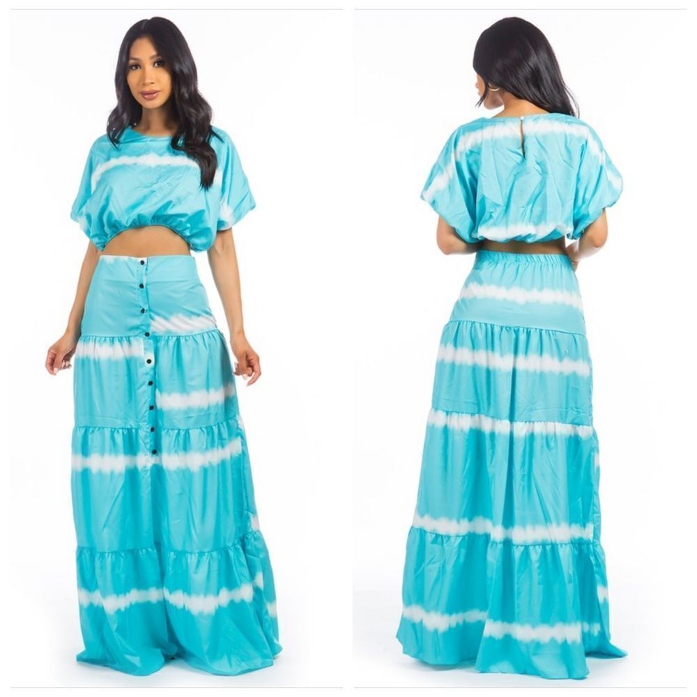 Sky Blue & White Tie Dye Cropped Top & Maxi Skirt Set